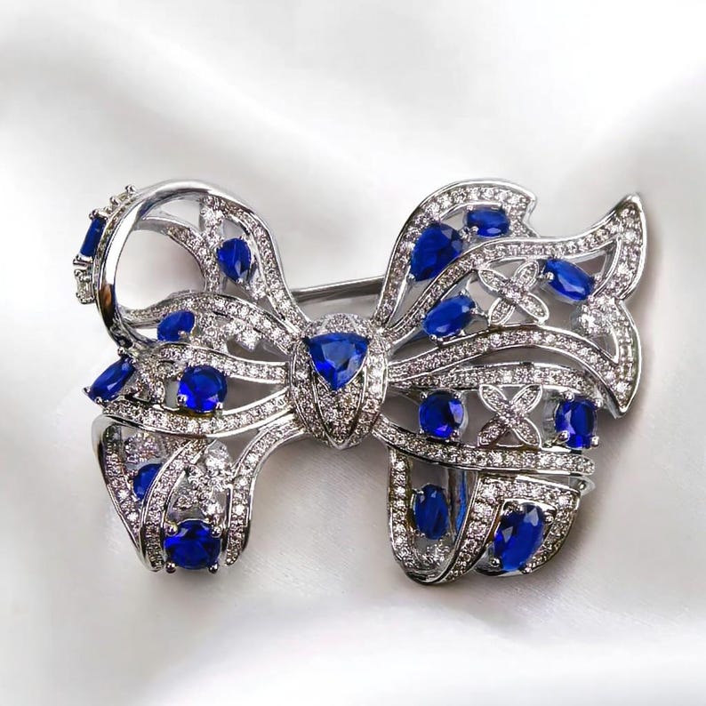 Silver Handmade Copper Inlaid Blue Crystal Bow Brooch Gift