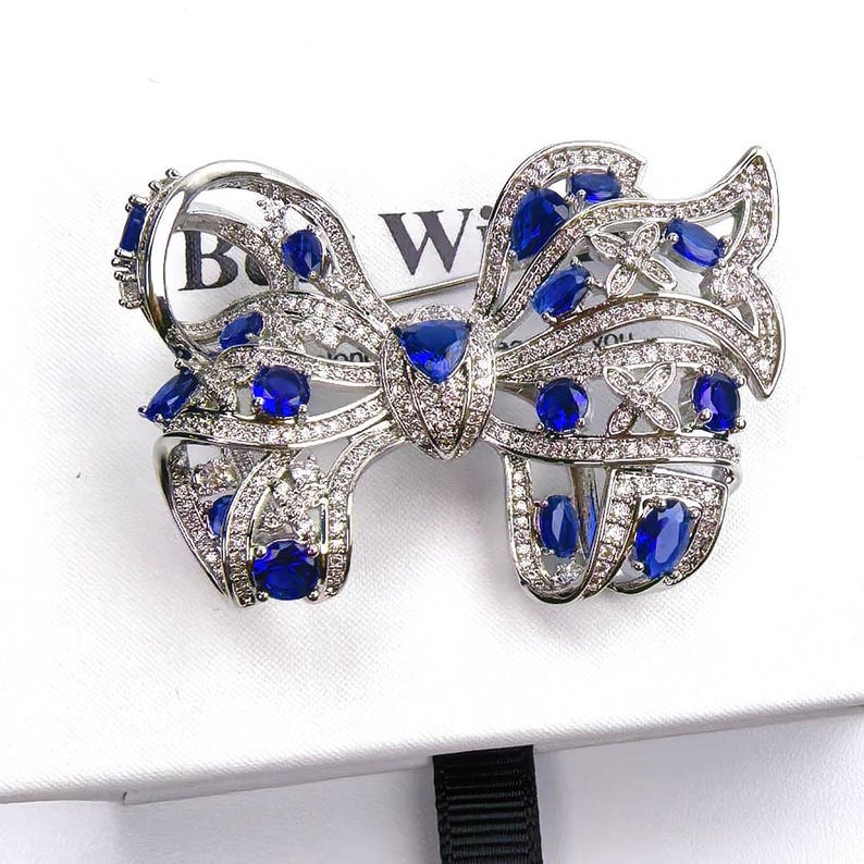 Silver Handmade Copper Inlaid Blue Crystal Bow Brooch Gift