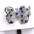 Silver Handmade Copper Inlaid Blue Crystal Bow Brooch Gift