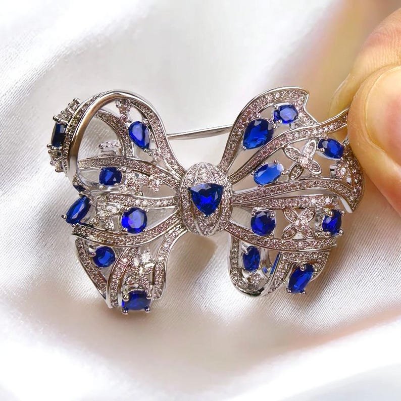 Silver Handmade Copper Inlaid Blue Crystal Bow Brooch Gift