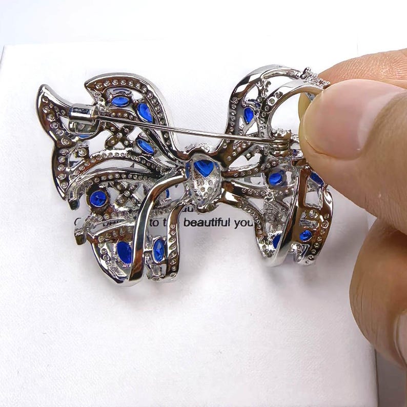 Silver Handmade Copper Inlaid Blue Crystal Bow Brooch Gift