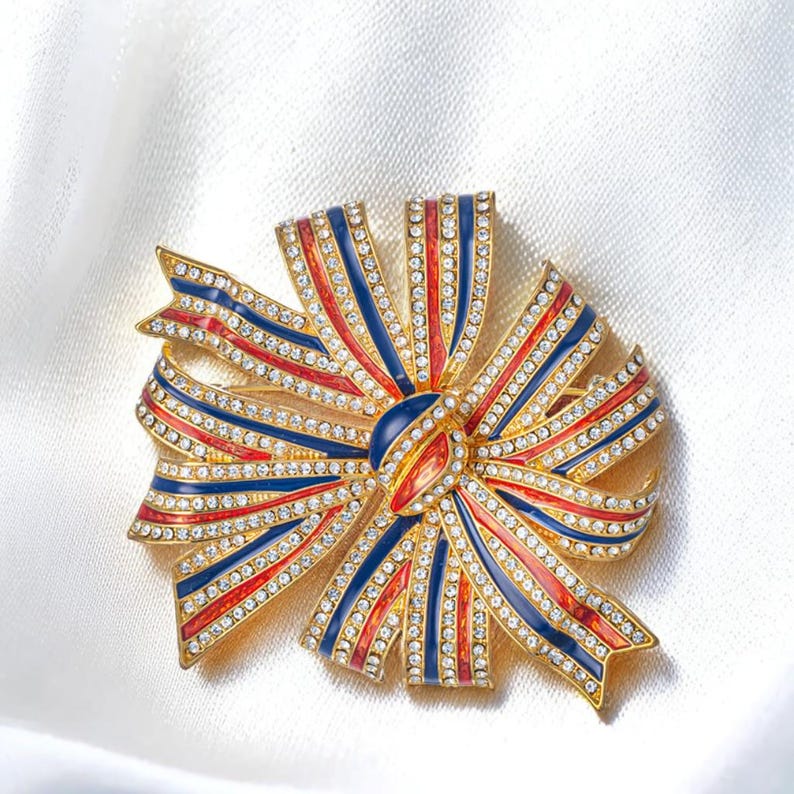 American Flag Vintage Jewelry Handmade Enamel Bow Brooch