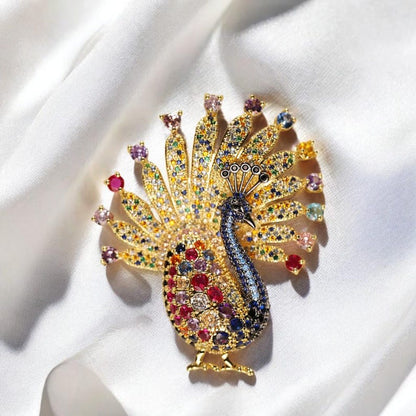 Copper Zircon Peacock Brooch: Exquisite Colorful Bird Jewelry