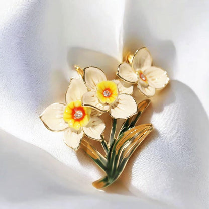 Handmade enamel forest retro daffodil brooch, White flower bloom brooches with gift box