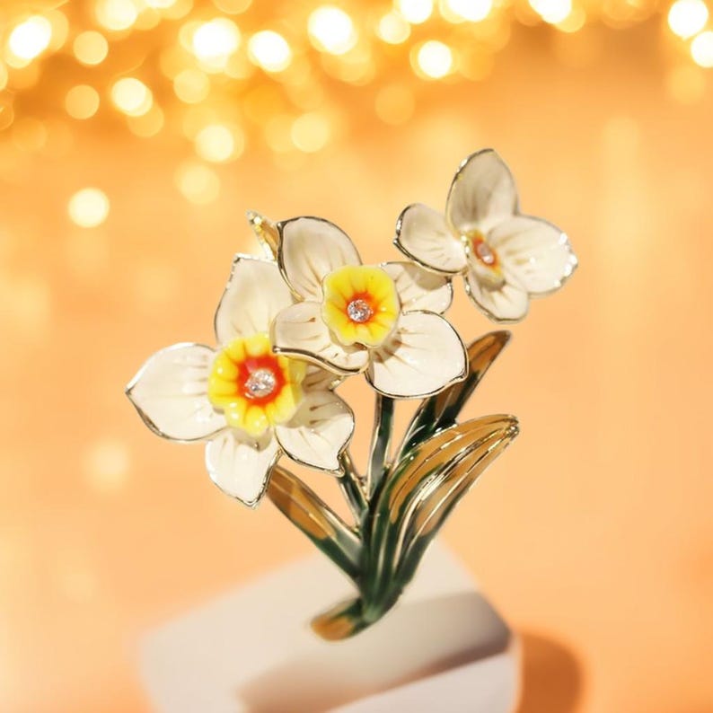 Handmade enamel forest retro daffodil brooch, White flower bloom brooches with gift box