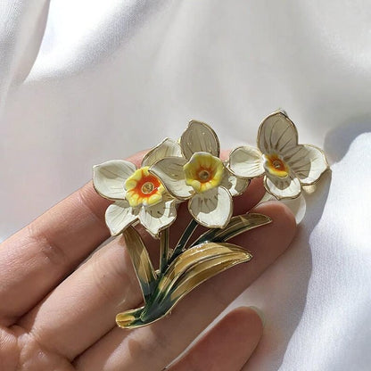 Handmade enamel forest retro daffodil brooch, White flower bloom brooches with gift box