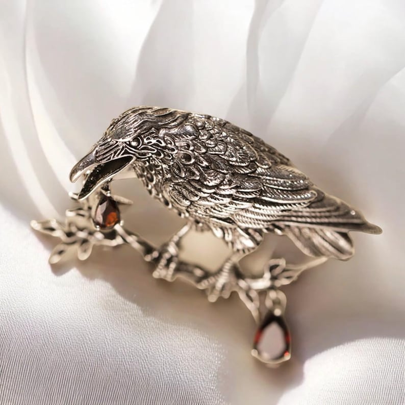 Vintage Crow Brooch: Distressed Design with Red Rhinestone - Halloween Jewelry