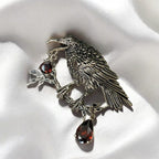 Vintage Crow Brooch: Distressed Design with Red Rhinestone - Halloween Jewelry