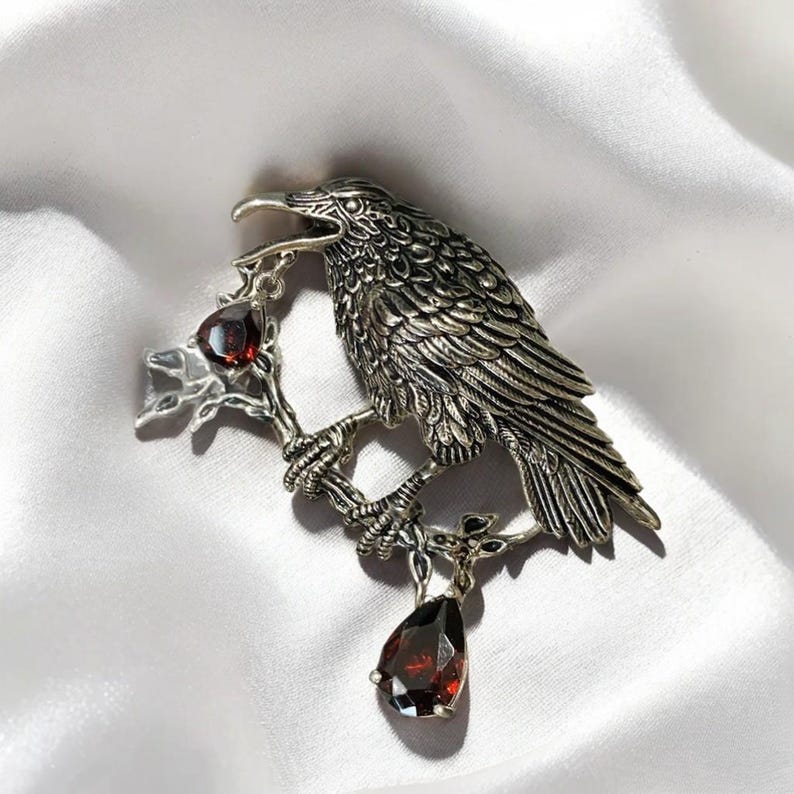 Vintage Crow Brooch: Distressed Design with Red Rhinestone - Halloween Jewelry
