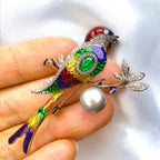 Handmade Enamel Bird Brooch: Zircon, Pearl, Gold-Plated Jewelry