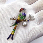 Handmade Enamel Bird Brooch: Zircon, Pearl, Gold-Plated Jewelry