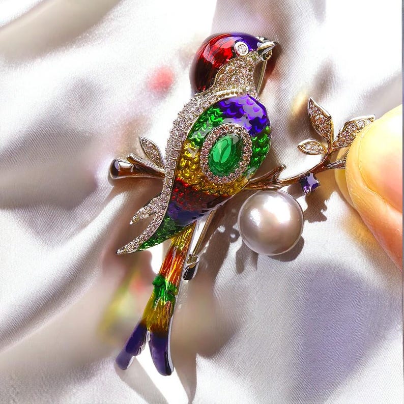 Handmade Enamel Bird Brooch: Zircon, Pearl, Gold-Plated Jewelry