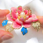 Enamel peony pearl brooch, copper inlaid zircon shell beads jewelry gift