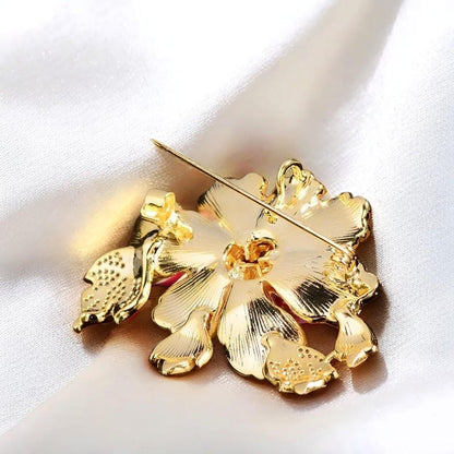 Enamel peony pearl brooch, copper inlaid zircon shell beads jewelry gift