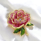 Red peony brooch, zircon inlaid copper brooch gift green oil dripping leaves