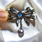Blue Copper Bow Brooch: Zircon Pearl Pendant