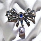 Blue Copper Bow Brooch: Zircon Pearl Pendant