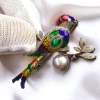 Handmade Enamel Bird Brooch: Zircon, Pearl, Gold-Plated Jewelry