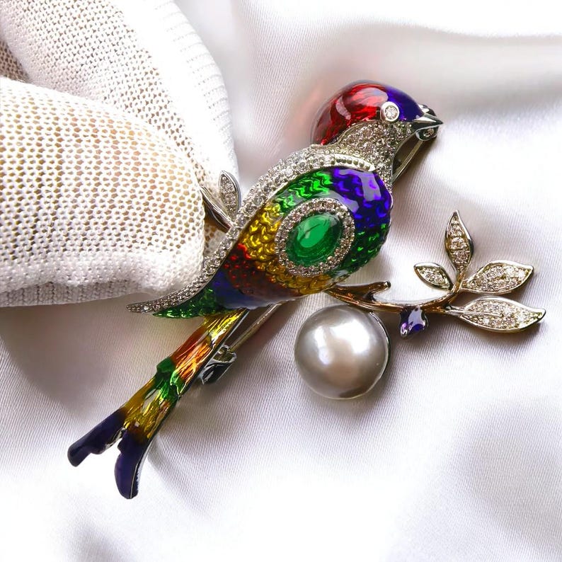 Handmade Enamel Bird Brooch: Zircon, Pearl, Gold-Plated Jewelry