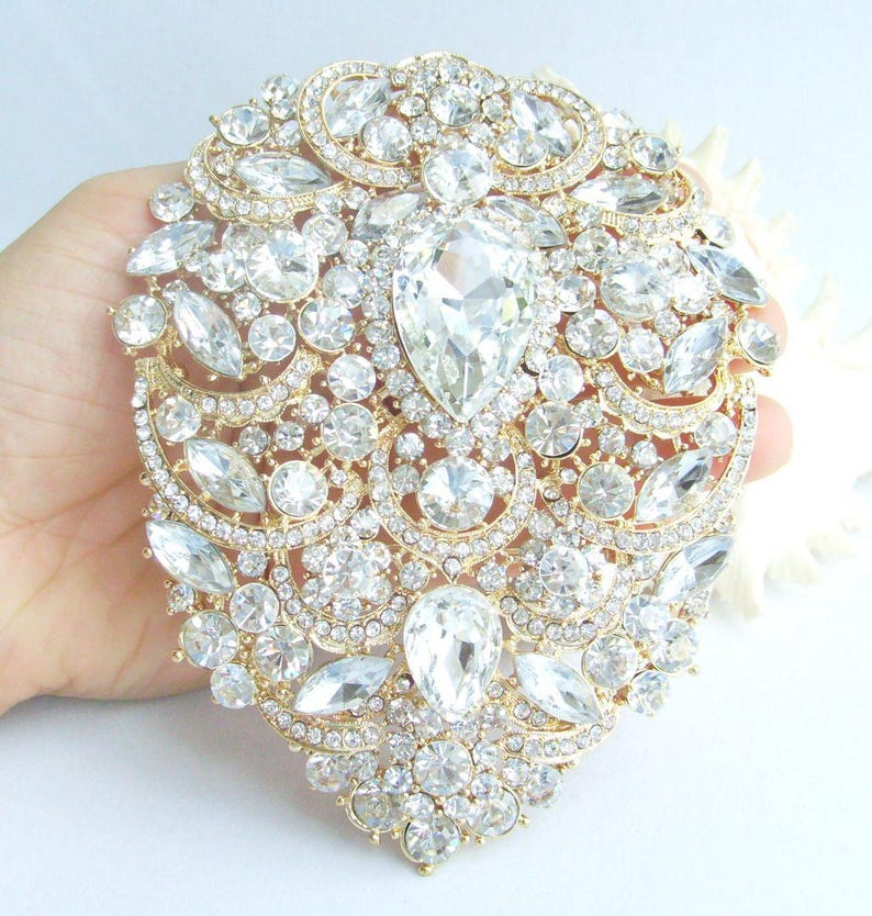 4.9 Inch Gorgeous Large Teardrop Brooch Pin Pendant Wedding Bouquet Austrian Crystals Prom Jewelry ET04045M