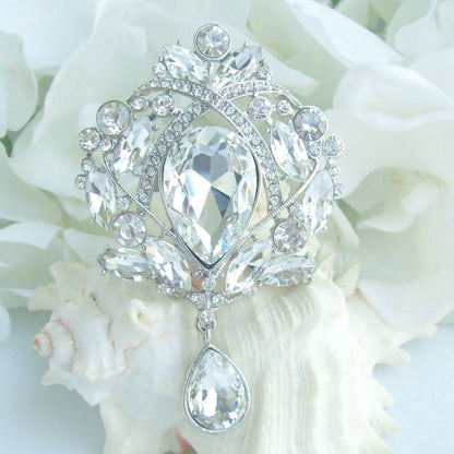3.5 Inch Bridal Teardrop Brooch Pin Pendant Wedding Bouquet Austrian Crystals Prom Jewelry ET04082M