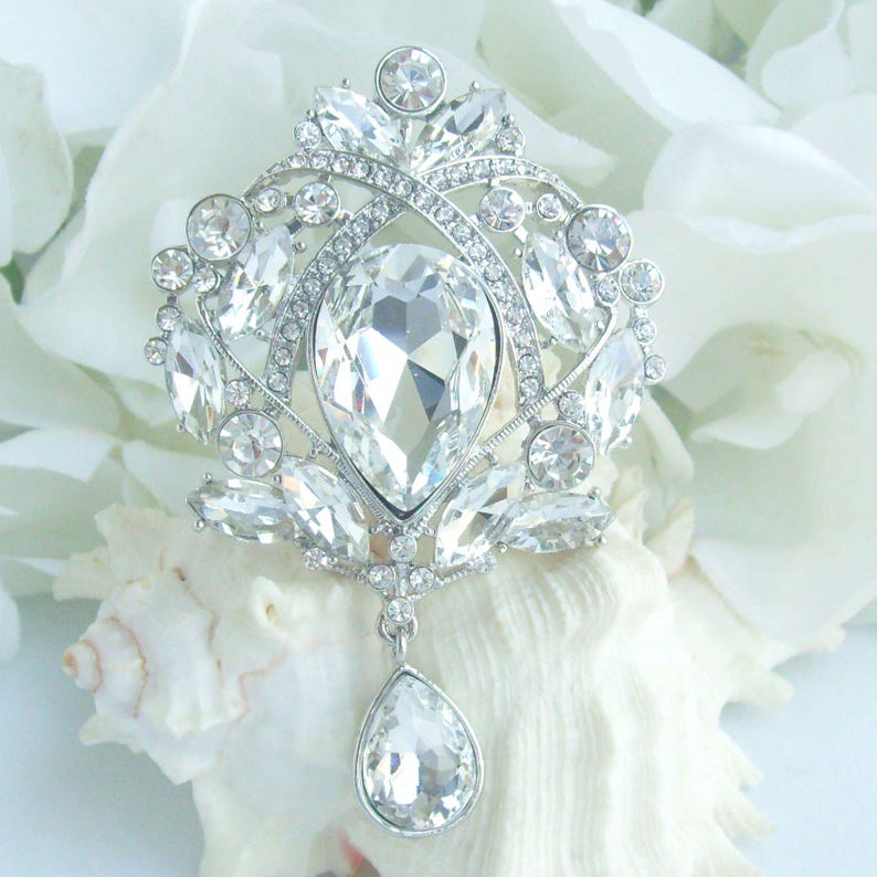 3.5 Inch Bridal Teardrop Brooch Pin Pendant Wedding Bouquet Austrian Crystals Prom Jewelry ET04082M