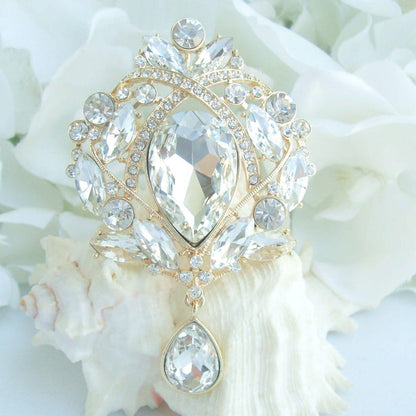 3.5 Inch Bridal Teardrop Brooch Pin Pendant Wedding Bouquet Austrian Crystals Prom Jewelry ET04082M