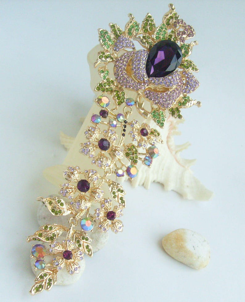 7.5 Inch Bridal Long Flower Rose Brooch Pin Pendant Wedding Bouquet Austrian Crystals Prom Jewelry ET04705M