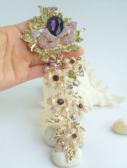 7.5 Inch Bridal Long Flower Rose Brooch Pin Pendant Wedding Bouquet Austrian Crystals Prom Jewelry ET04705M