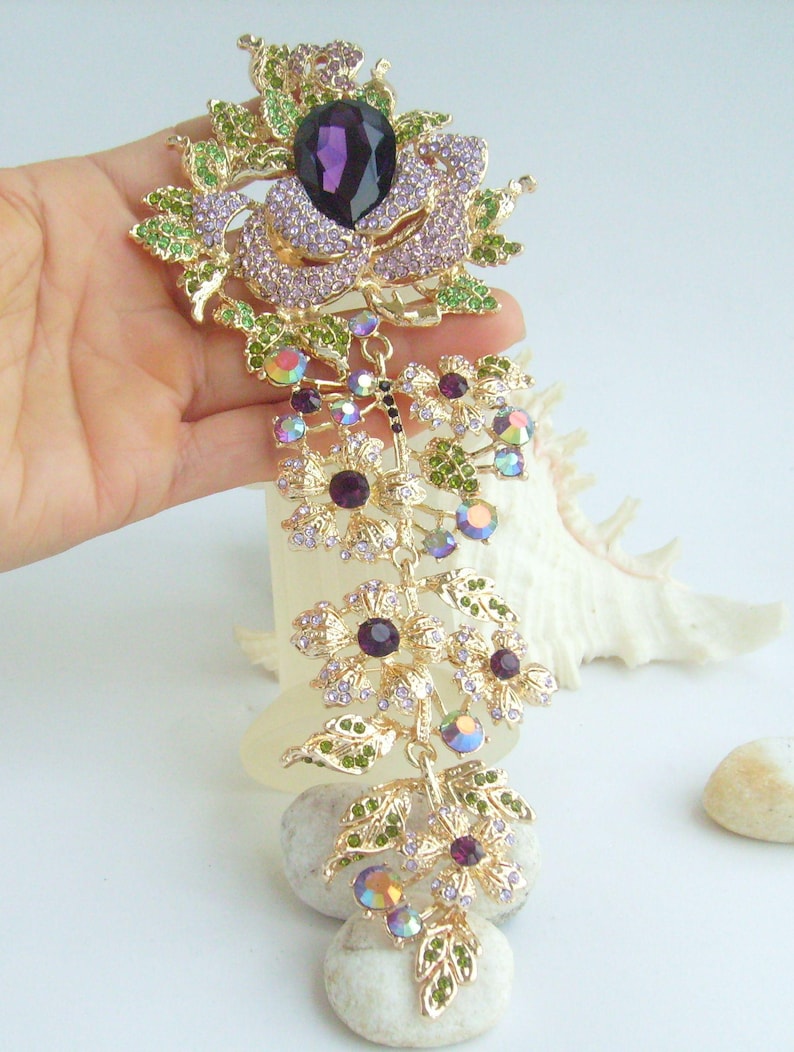 7.5 Inch Bridal Long Flower Rose Brooch Pin Pendant Wedding Bouquet Austrian Crystals Prom Jewelry ET04705M