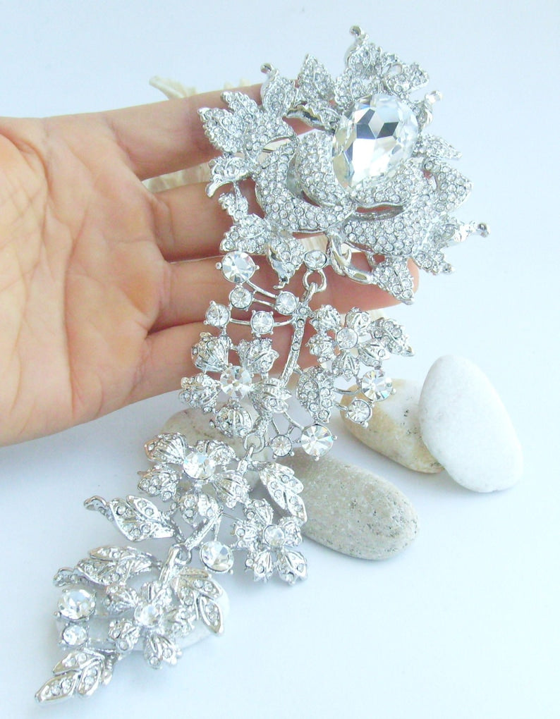 7.5 Inch Bridal Long Flower Rose Brooch Pin Pendant Wedding Bouquet Austrian Crystals Prom Jewelry ET04705M