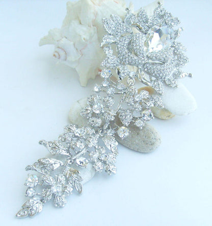 7.5 Inch Bridal Long Flower Rose Brooch Pin Pendant Wedding Bouquet Austrian Crystals Prom Jewelry ET04705M