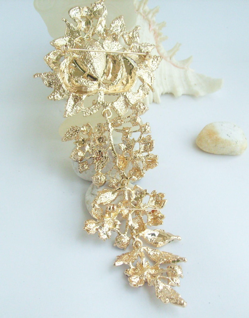 7.5 Inch Bridal Long Flower Rose Brooch Pin Pendant Wedding Bouquet Austrian Crystals Prom Jewelry ET04705M