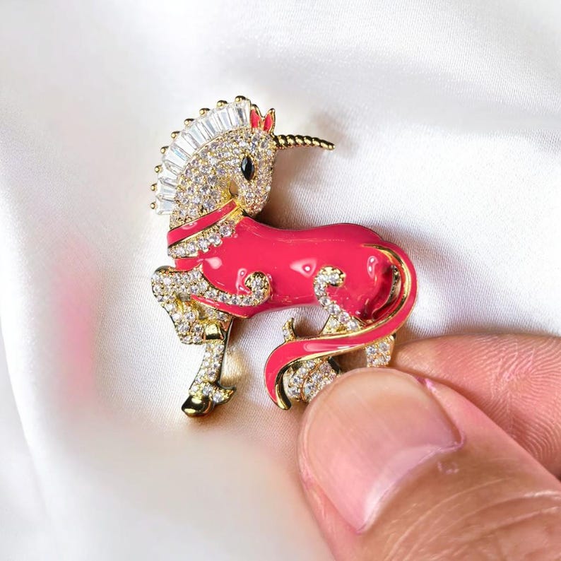 Vintage Unicorn Brooch Sparkling Crystal Pink Unicorn Jewelry