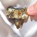 Golden Elephant Brooch: Vintage Style, Ruby Accent, Hand-Inlaid