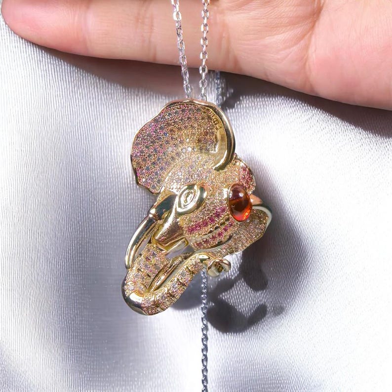 Golden Elephant Brooch: Vintage Style, Ruby Accent, Hand-Inlaid