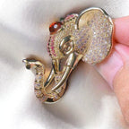 Golden Elephant Brooch: Vintage Style, Ruby Accent, Hand-Inlaid