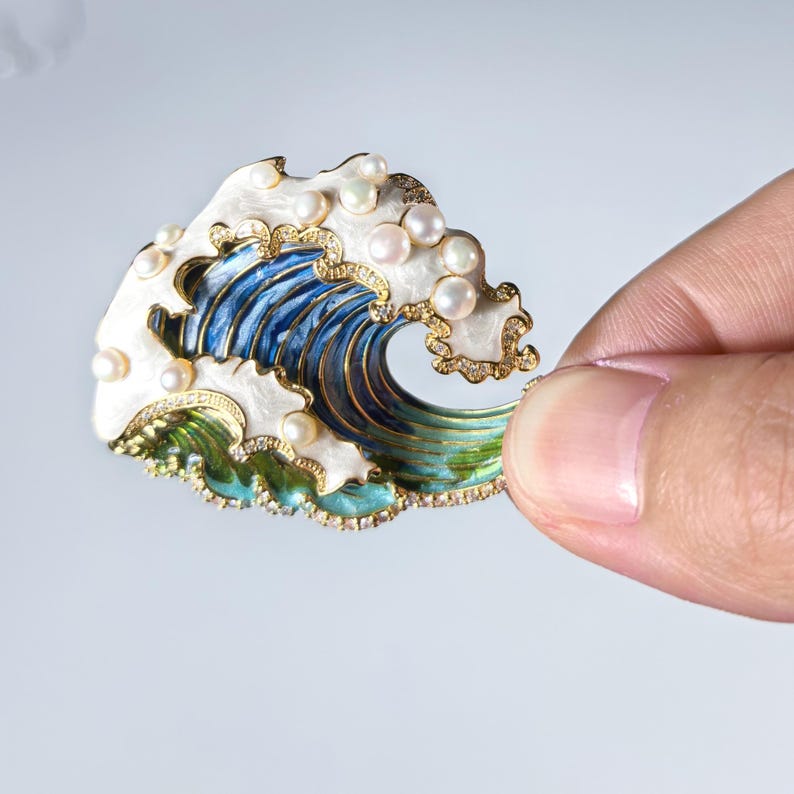 Pearl Wave Brooch: Handmade Enamel Copper Gold Pin