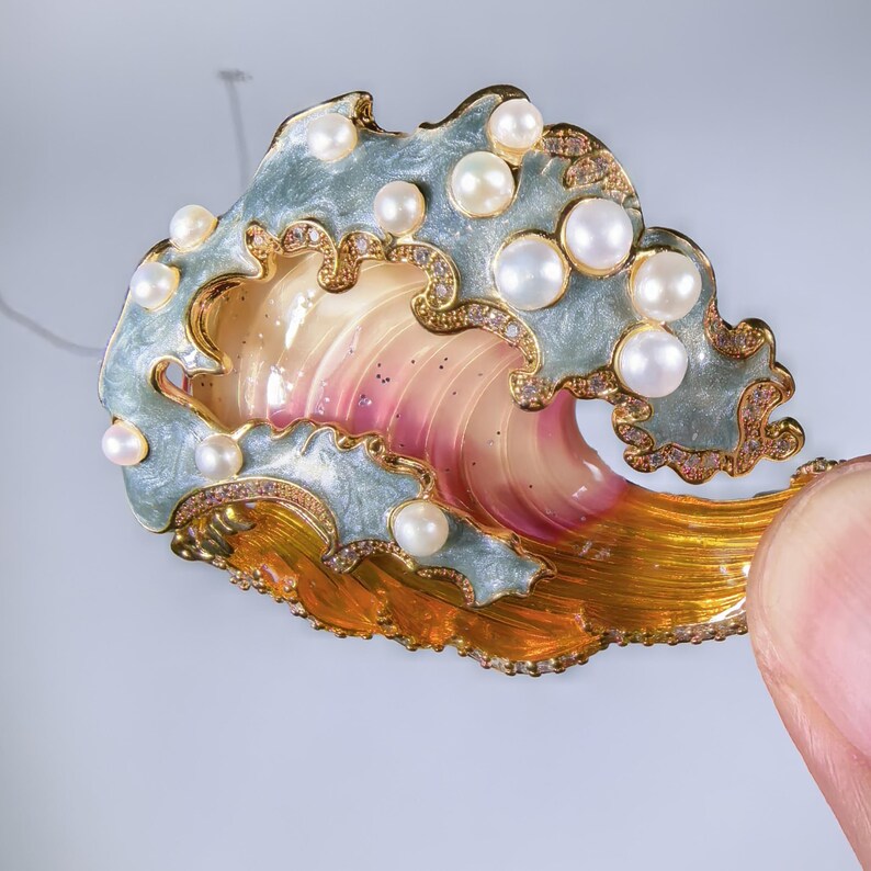Pearl Wave Brooch: Handmade Enamel Copper Gold Pin