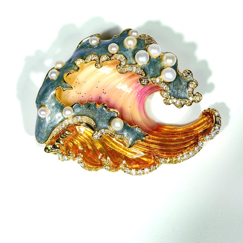 Pearl Wave Brooch: Handmade Enamel Copper Gold Pin