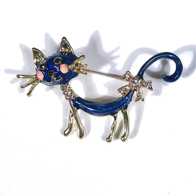 Handmade Blue Enamel Kitten Brooch: 18K Gold Plated Cat Pin