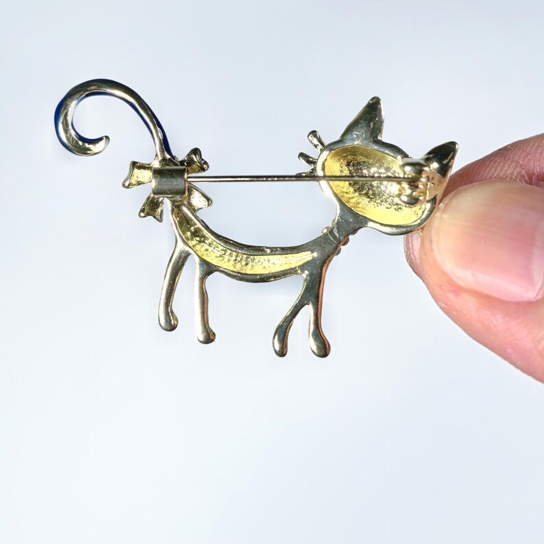 Handmade Blue Enamel Kitten Brooch: 18K Gold Plated Cat Pin