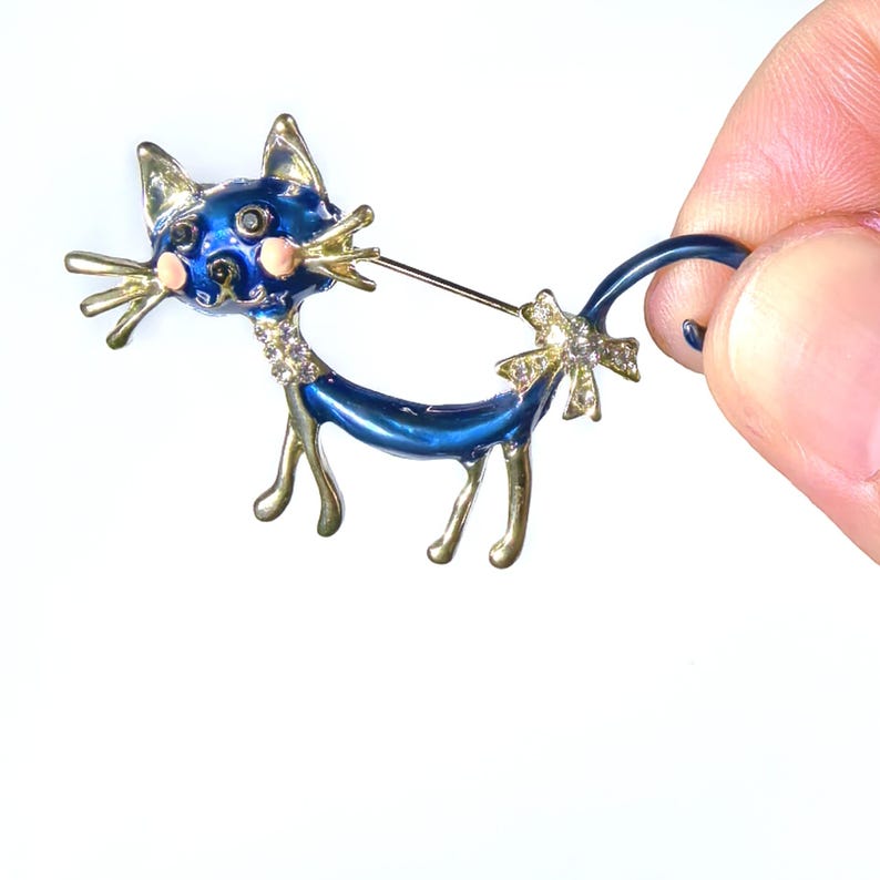 Handmade Blue Enamel Kitten Brooch: 18K Gold Plated Cat Pin