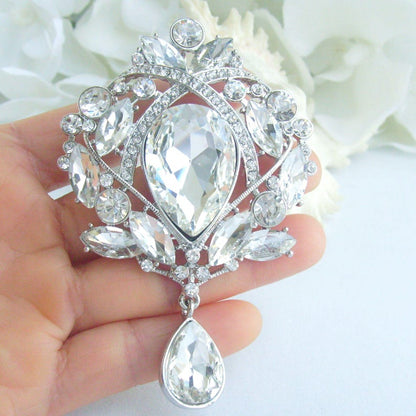 3.5 Inch Bridal Teardrop Brooch Pin Pendant Wedding Bouquet Austrian Crystals Prom Jewelry ET04082M