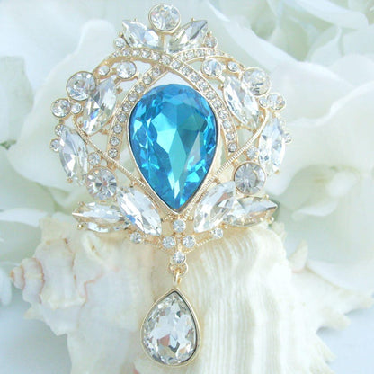 3.5 Inch Bridal Teardrop Brooch Pin Pendant Wedding Bouquet Austrian Crystals Prom Jewelry ET04082M