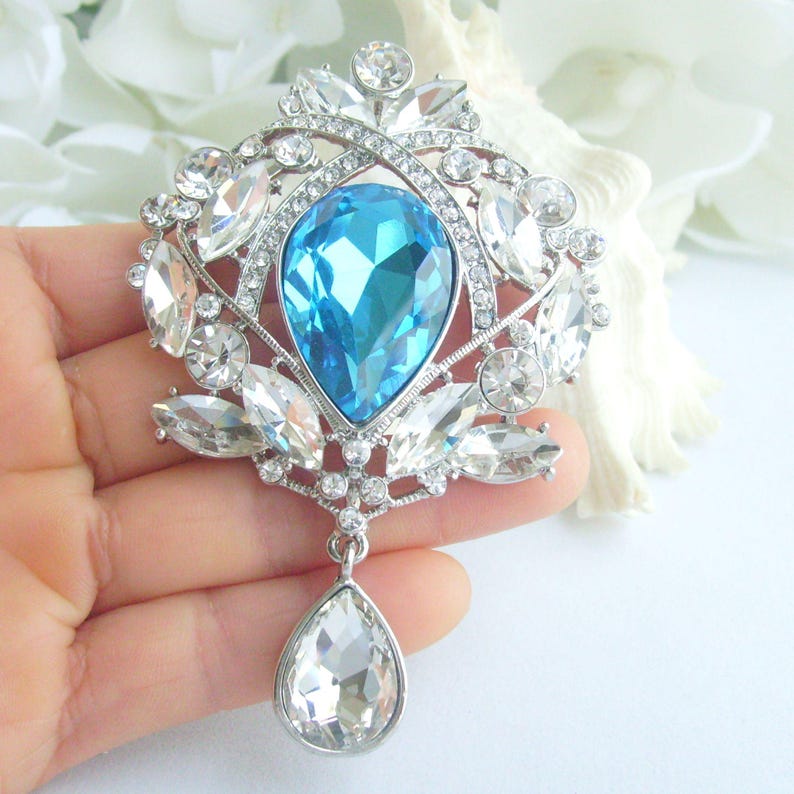 3.5 Inch Bridal Teardrop Brooch Pin Pendant Wedding Bouquet Austrian Crystals Prom Jewelry ET04082M