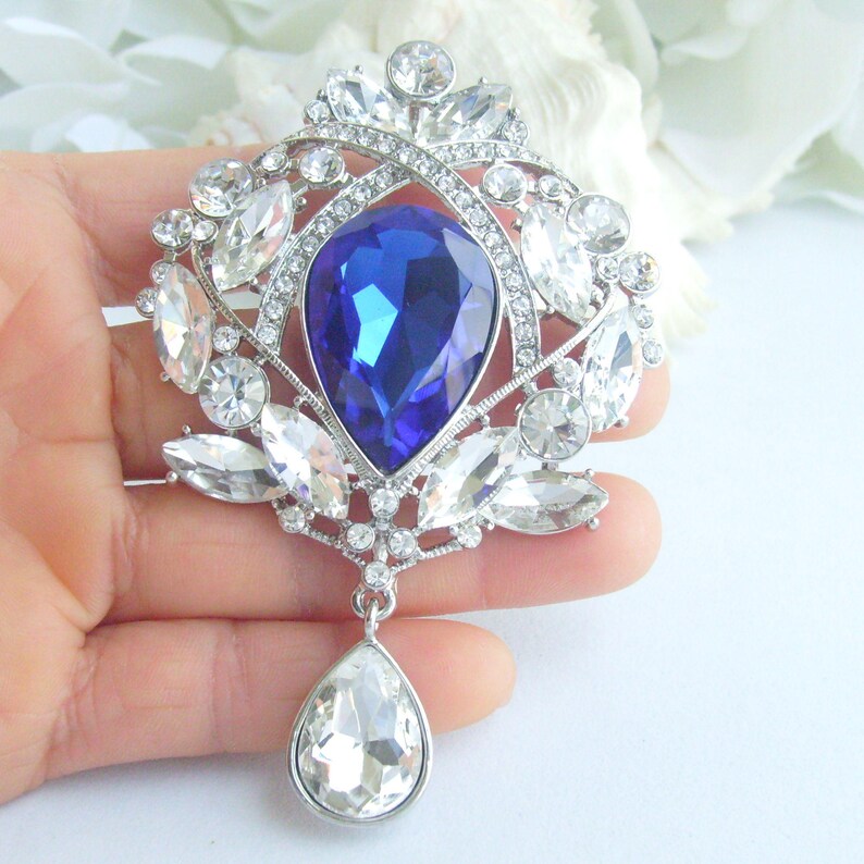 3.5 Inch Bridal Teardrop Brooch Pin Pendant Wedding Bouquet Austrian Crystals Prom Jewelry ET04082M