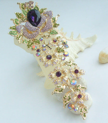 7.5 Inch Bridal Long Flower Rose Brooch Pin Pendant Wedding Bouquet Austrian Crystals Prom Jewelry ET04705M