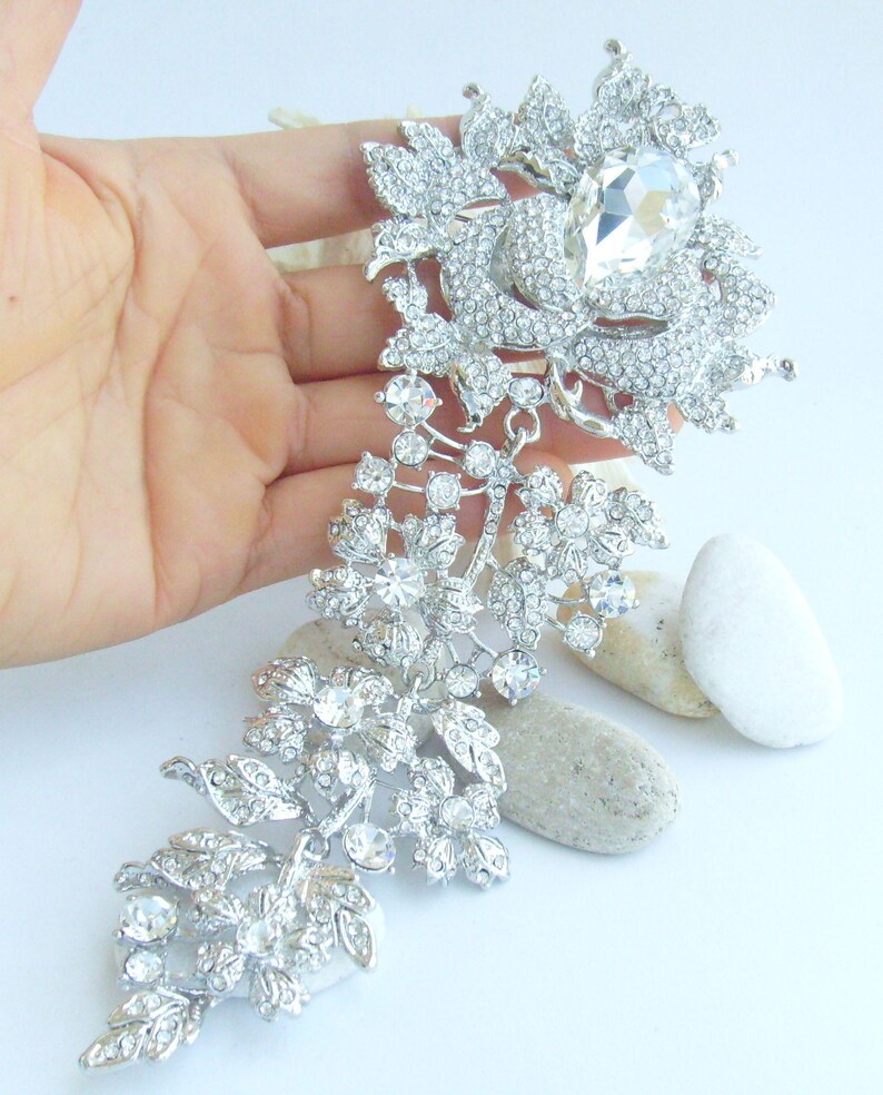 7.5 Inch Bridal Long Flower Rose Brooch Pin Pendant Wedding Bouquet Austrian Crystals Prom Jewelry ET04705M