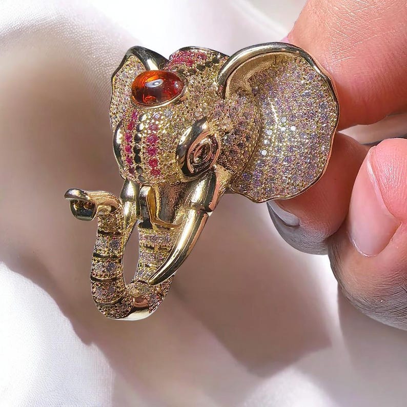 Golden Elephant Brooch: Vintage Style, Ruby Accent, Hand-Inlaid